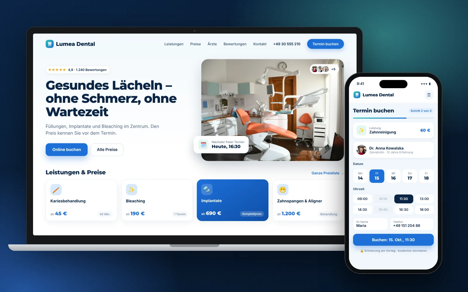 Ein Laptop zeigt die Startseite einer Zahnarztpraxis, das Smartphone die mobile Version mit Terminformular.