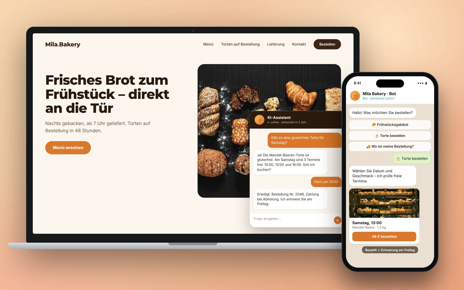 Ein Laptop zeigt eine Bäckerei-Website mit KI-Chat, das Smartphone einen Bestell-Bot im Messenger.