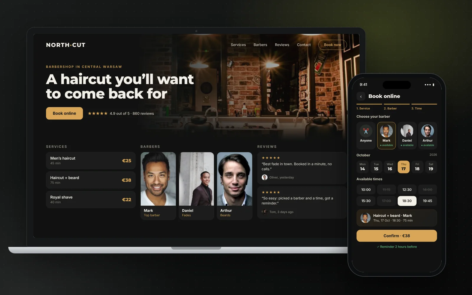 A laptop shows a barbershop website with masters and reviews, and a phone shows booking.