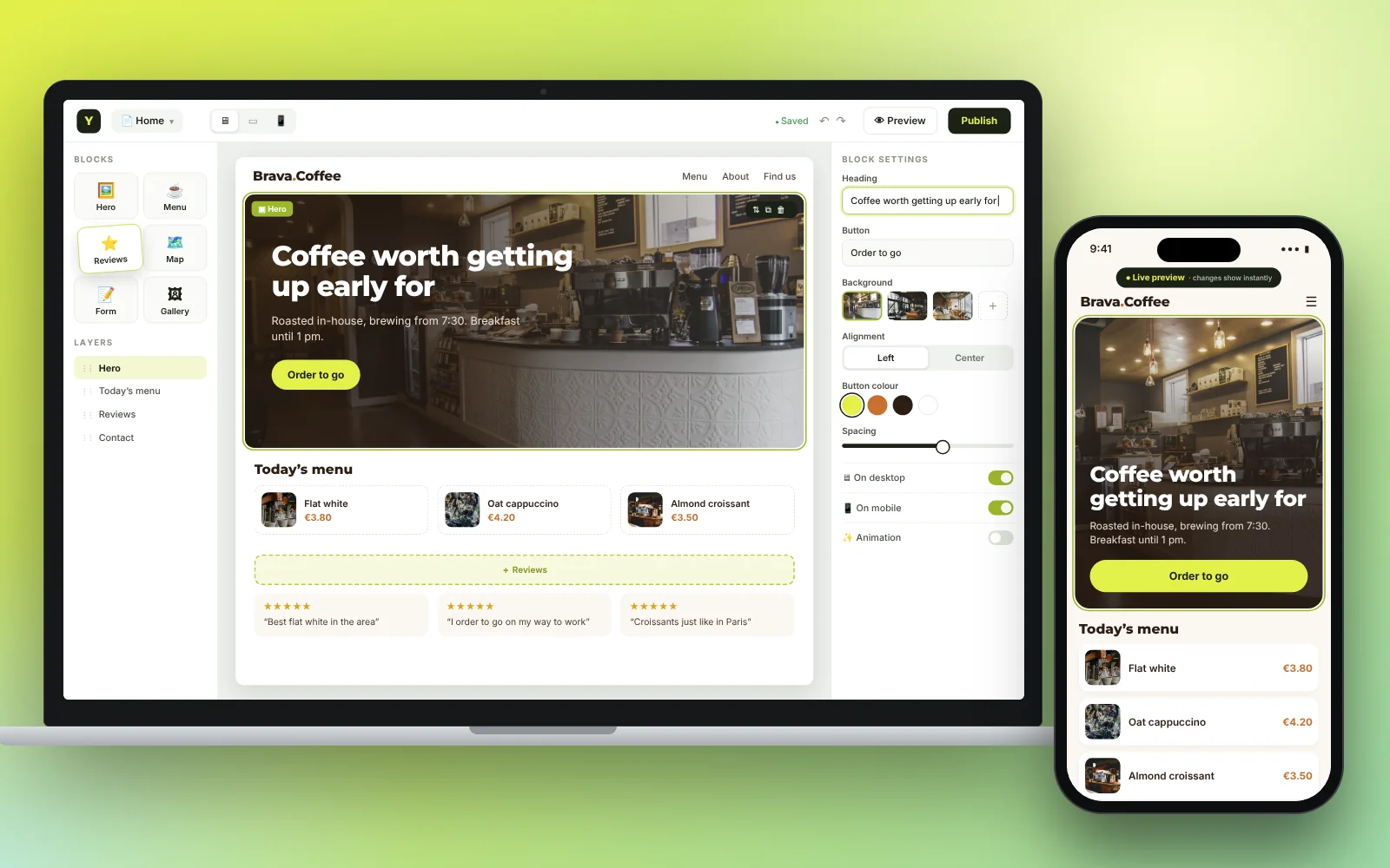 A laptop shows a visual editor with a cafe page; a phone shows the preview.