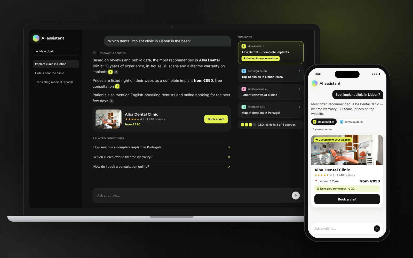 A laptop and phone show an AI assistant answer citing a clinic website as a source.