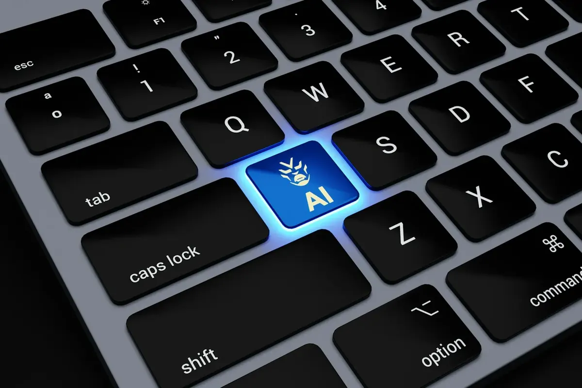 A backlit AI key on a laptop keyboard hints at optimising for AI search answers.