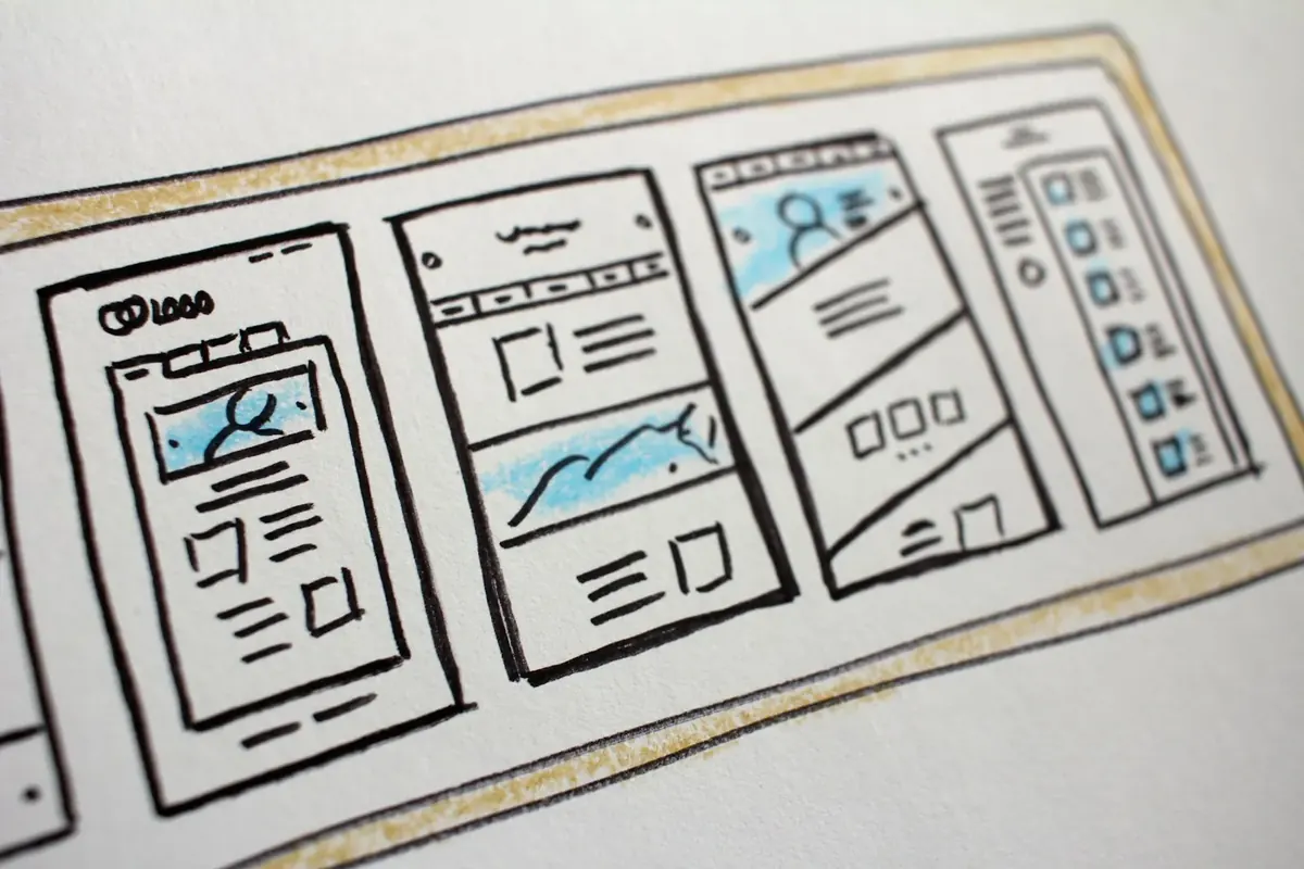 A hand-drawn storyboard of a one-page website shows landing page blocks in sequence.