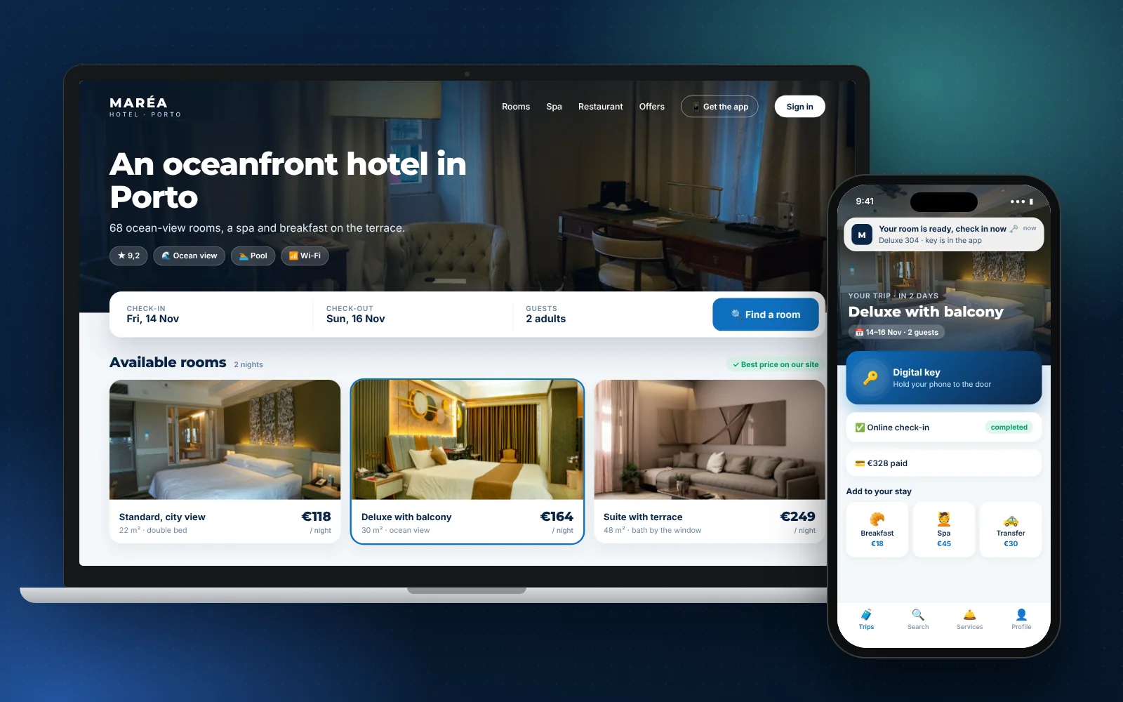 A laptop shows a hotel booking website; a phone shows the app with a notification.