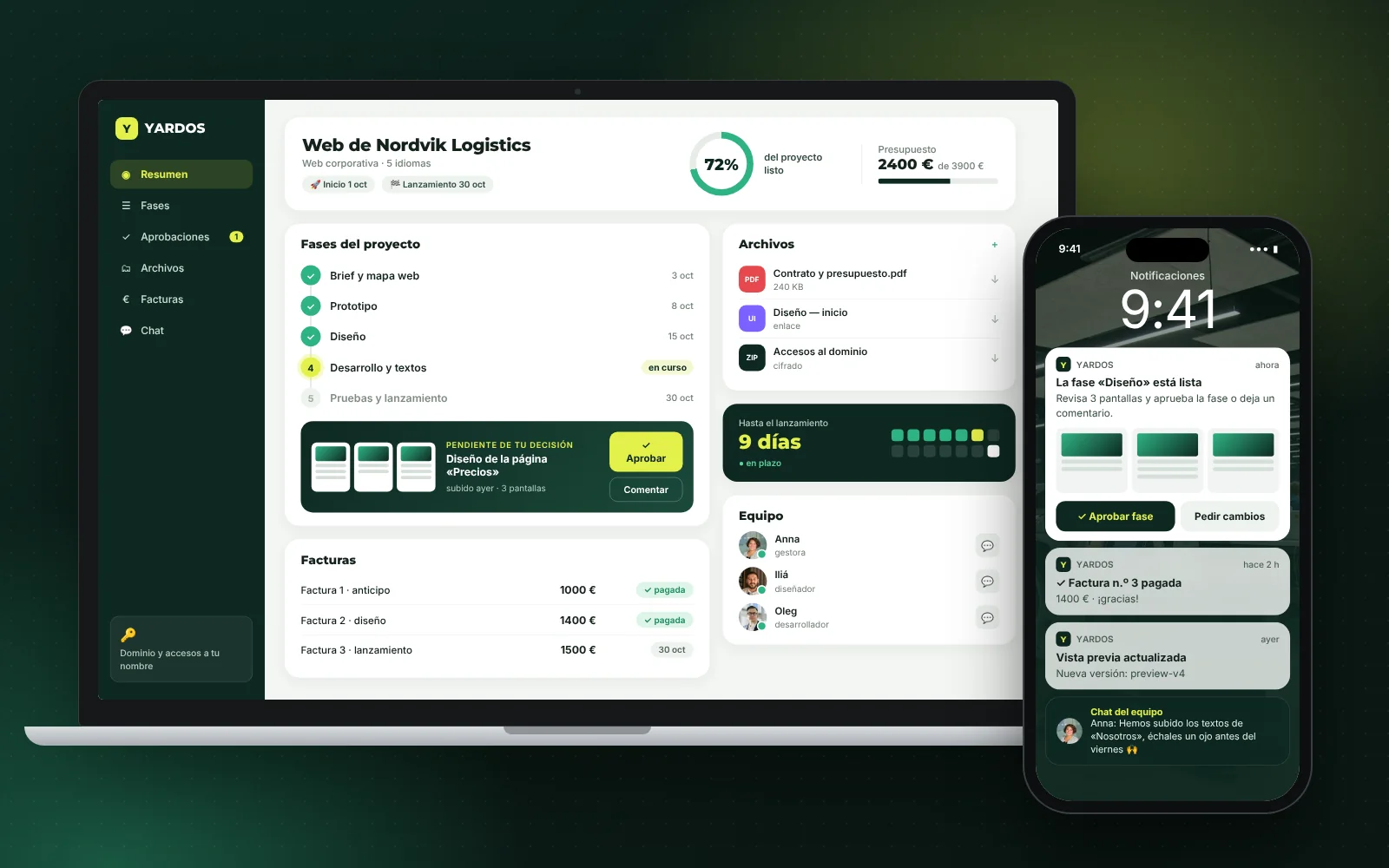 Un portátil muestra un portal de cliente con etapas y aprobaciones, y el móvil, notificaciones.