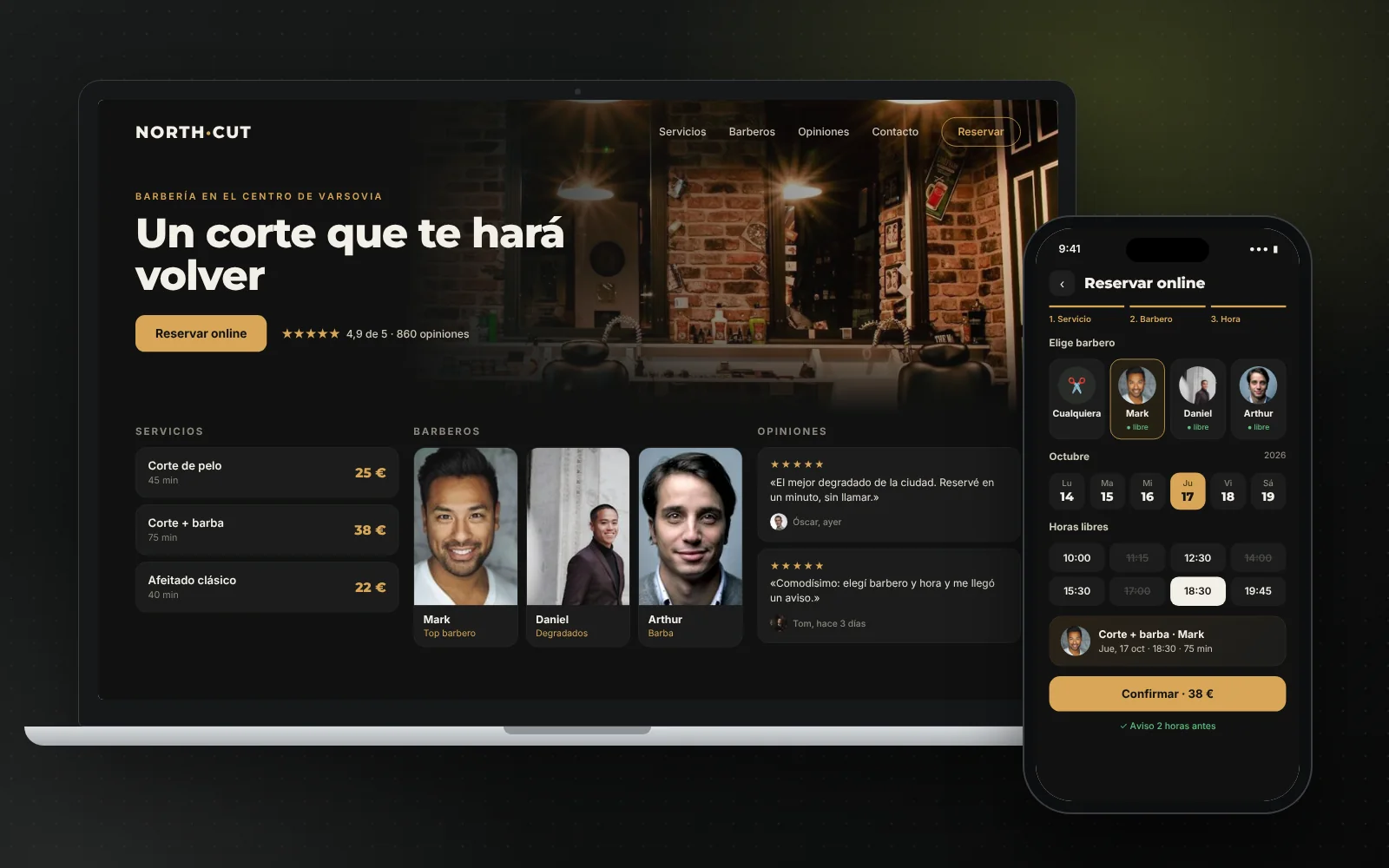 Un portátil muestra la web de una barbería y el móvil, la reserva online.
