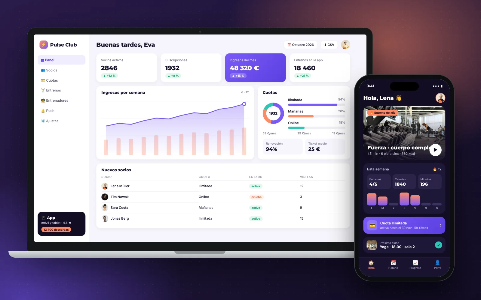 Un móvil muestra una app de fitness y un portátil, su panel web de administración.