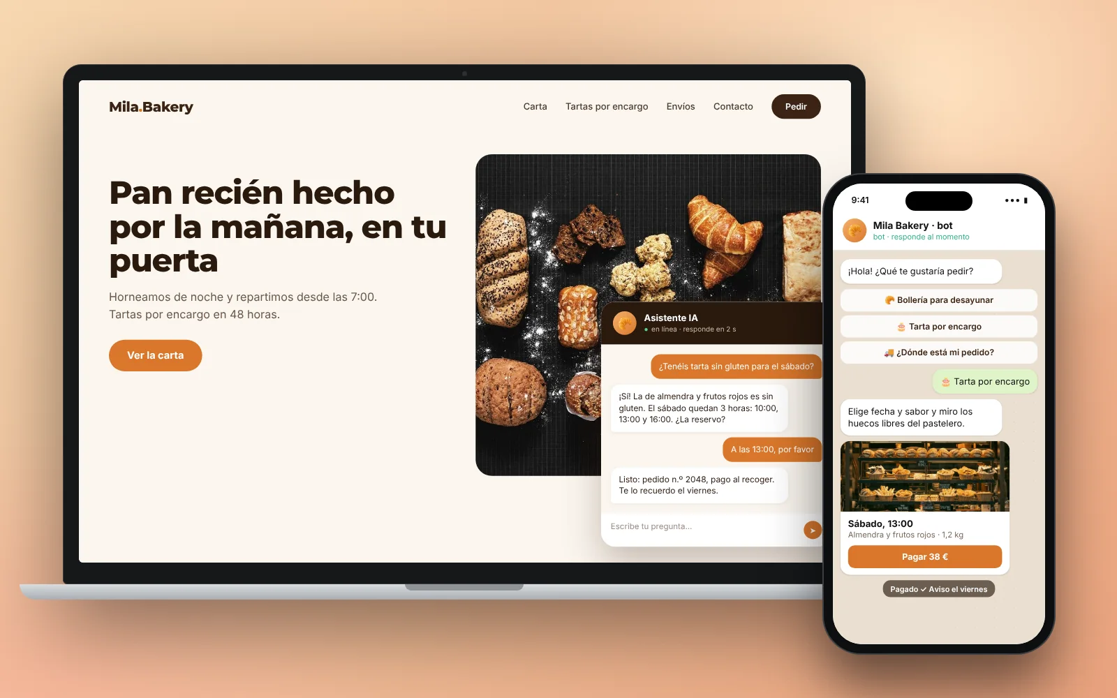 Un portátil muestra una panadería con chat de IA y el móvil, un bot de pedidos.