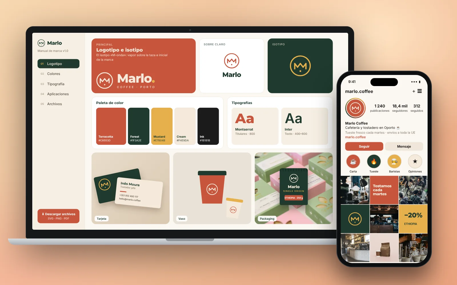 Un portátil muestra un manual de marca con logotipo y el móvil, un perfil social.