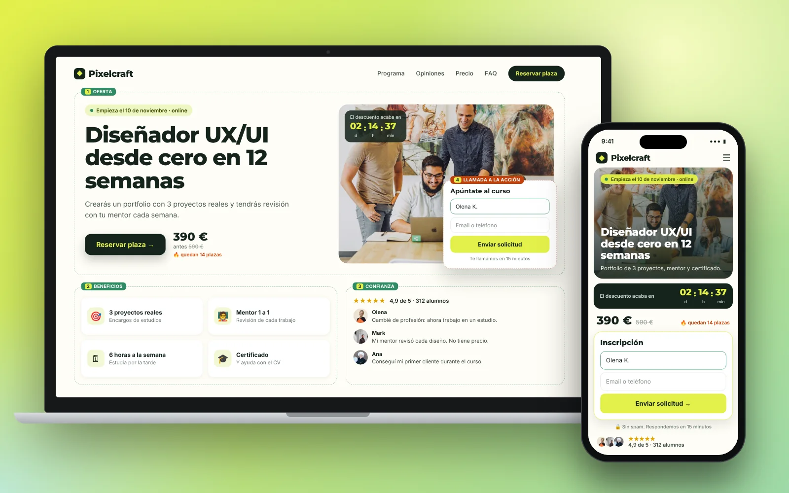 Un portátil muestra la landing de un curso online y el móvil, el formulario.