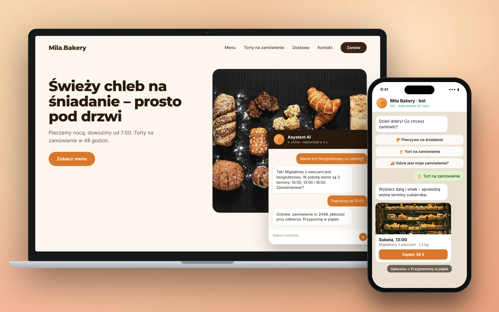 Laptop pokazuje stronę piekarni z asystentem AI, a telefon bota przyjmującego zamówienia.