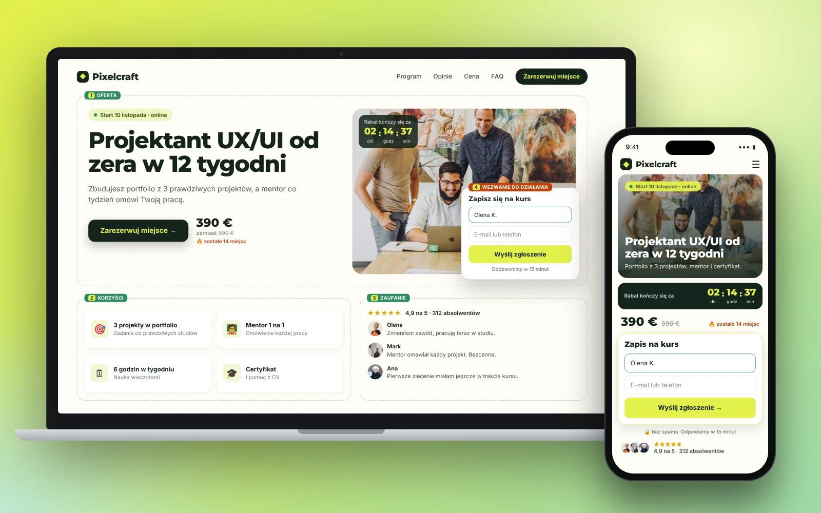 Laptop pokazuje landing page kursu online z ofertą, a telefon formularz zgłoszeniowy.