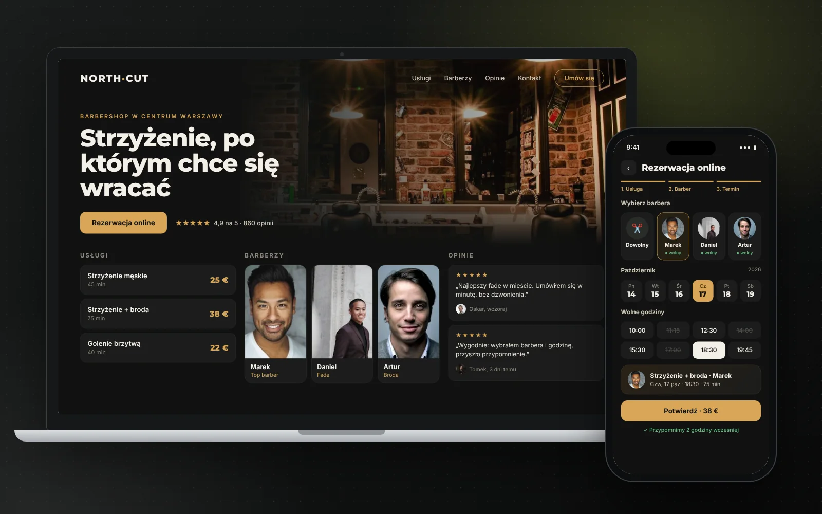 Laptop pokazuje stronę barbershopu z usługami i opiniami, a telefon rezerwację online.